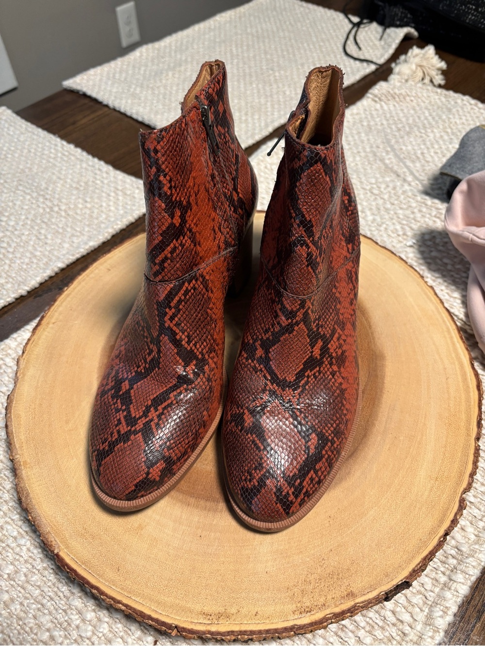 Madewell Red Black Snake Print Leather Ankle Boots Size 9